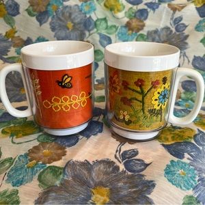 1978 Thermo-Serv Retro Plastic Mugs- Boho Bee, Butterfly & Flower Designs